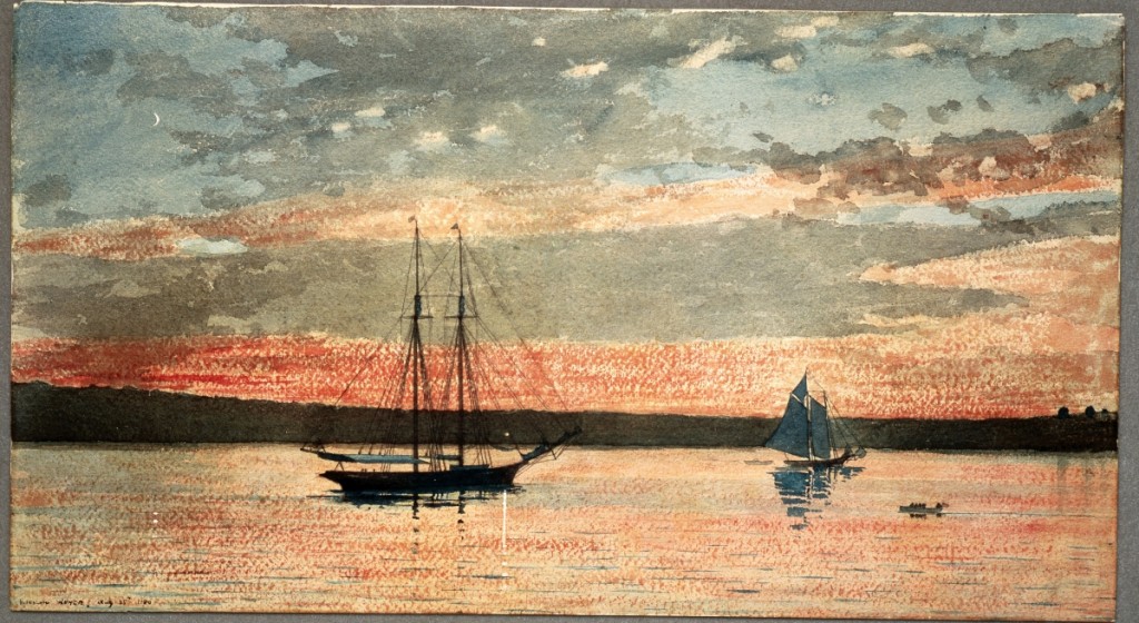 “Sunset at Gloucester” by Winslow Homer, 1880. Watercolor and graphite on wove paper. Addison Gallery of American Art, Phillips Academy, Andover, Mass., gift of anonymous donor. Art Resource, N.Y. — On view at The Cape Ann Museum, “Winslow Homer at the Beach.”