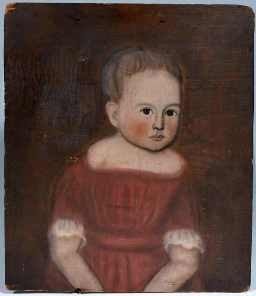 Smith said that he sold this primitive portrait of a child in a red dress on a wooden panel about 15 years, along with a portrait of the child’s brother. At the time, the painter had not been identified but is now known to be Ralph D. Curtis of Skaneateles, N.Y. It went to a bidder in the room for $15,525. The companion portrait brought $4,600.