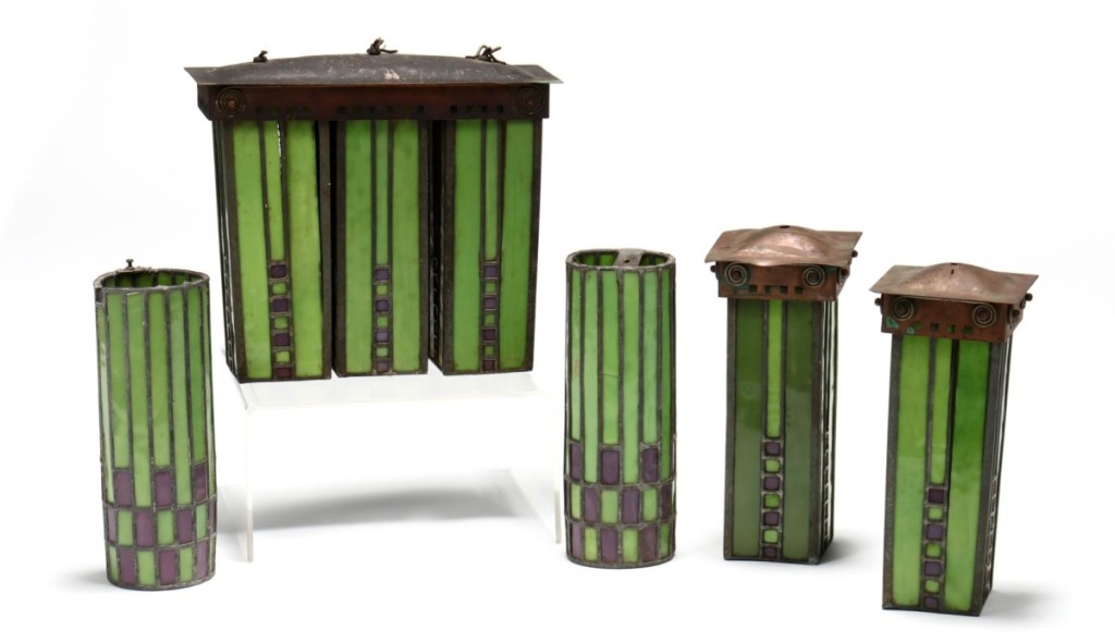 The sale’s top lot was this group of five Arts and Crafts lights made by Dard Hunter for the Roycroft Inn. The lot sold at $94,000 above a $4,000 estimate. East Aurora, N.Y., circa 1910, copper frames with cutout and applied white metal swirl decoration in green and lavender stained glass panels. The lot came from the collection of Mary Wells, an antiques collector who worked for years staging store displays. Leland Little offered her single owner collection of advertising and Americana in August.