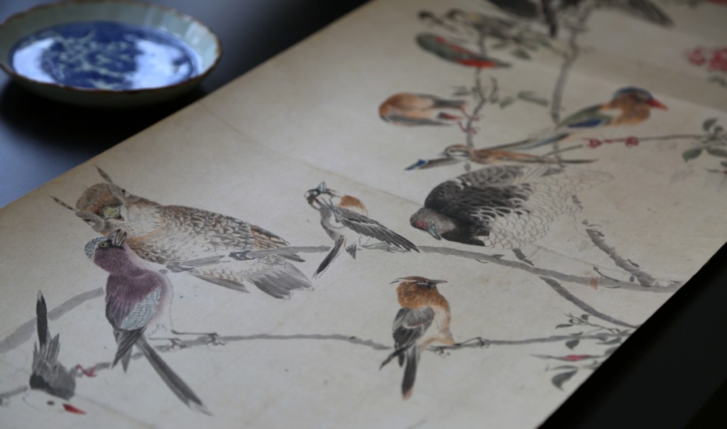 “A Hundred Birds” by Cho Gessho (1772-1832). Hanging scroll, ink and color on paper.   —Kaikodo, Fall 2019 Asia Week New York.