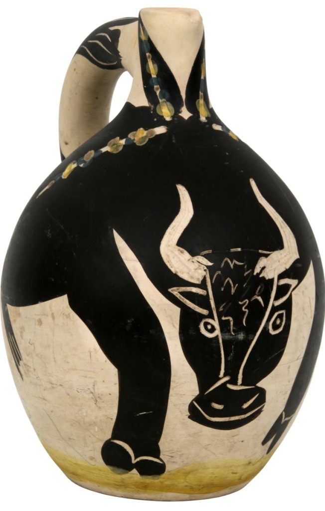 This Pablo Picasso “Taureau” faience pitcher, 12-  inches tall, sold mid-estimate for $54,450.