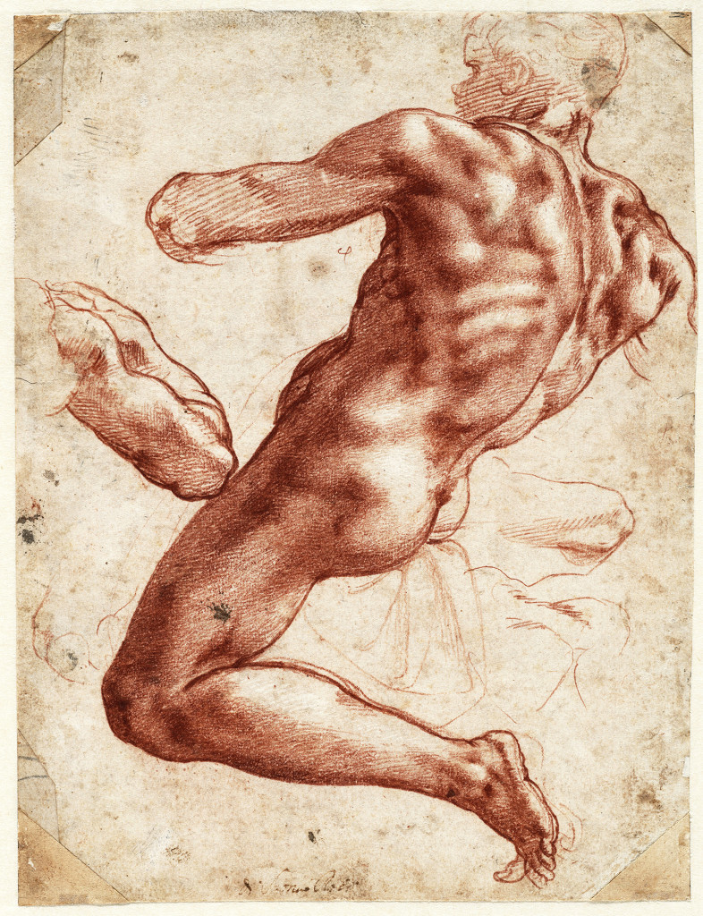 “Seated Male Nude (study for the Sistine Chapel ceiling)” by Michelangelo Buonarroti (1475-1564), circa 1511. Red chalk with highlights in white lead, 27.9 by 21.4 centimeters. Teylers Museum, purchased in 1790. ©Teylers Museum, Haarlem.