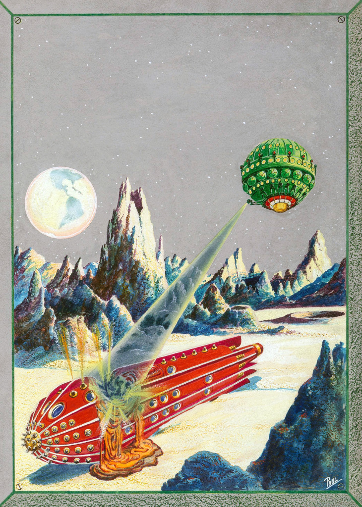 Frank R. Paul (American, 1884-1963), “The Moon Conquerors,” Science Wonder Quarterly cover, Winter 1930, watercolor and gouache on board, 23 by 16 inches, sold for a record $87,500.