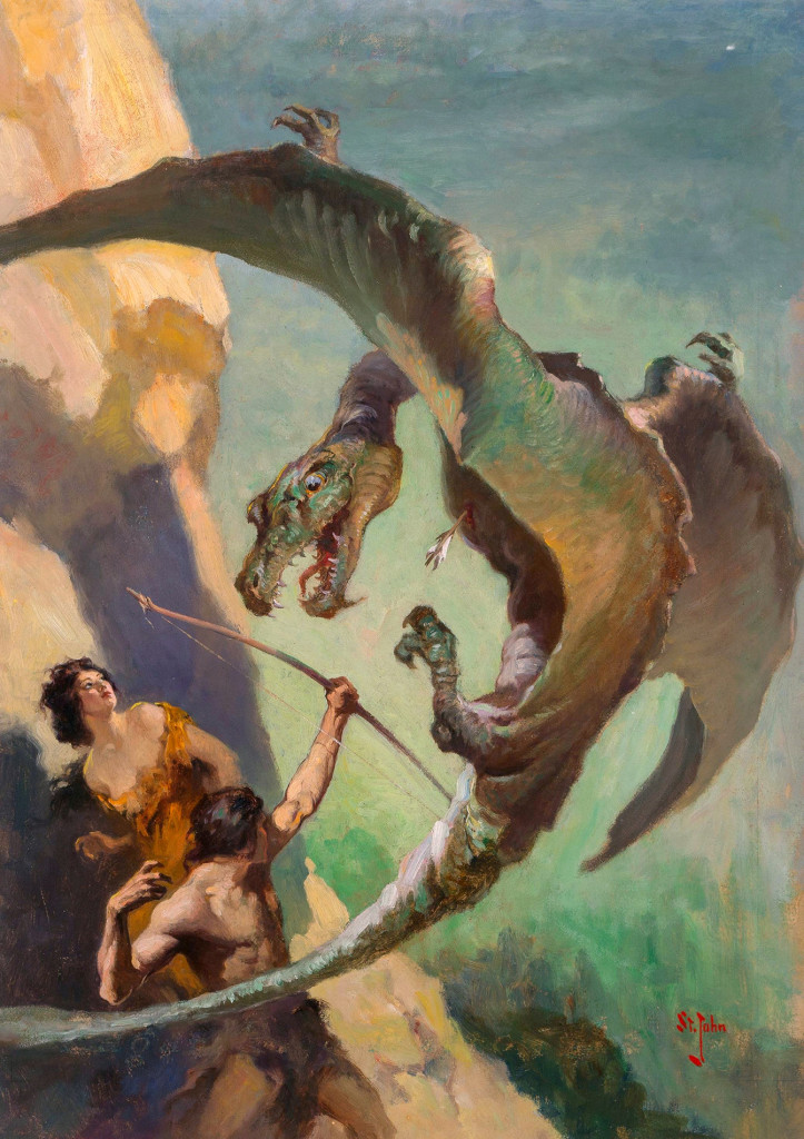 James Allen St. John (American, 1872-1957), “At the Earth's Core,” book dust jacket, 1922, oil on board, 33 by 23¼ inches, was the top lot and set an auction record when it left its $75,000 estimate behind and sold at $112,500.