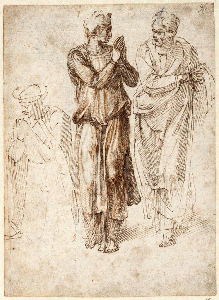 “Three Draped Figures with Hands Joined” by Michelangelo Buonarroti (Italian, 1475-1564), 1496-1503. Pen and brown ink, 26.9 by 19.4 centimeters. Teylers Museum, purchased in 1790. ©Teylers Museum, Haarlem.