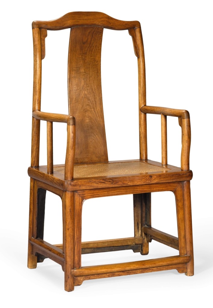 A huanghuali “Southern Official’s Hat” armchair, Nanguanmaoyi, Seventeenth/Eighteenth Century, sold for $375,075.