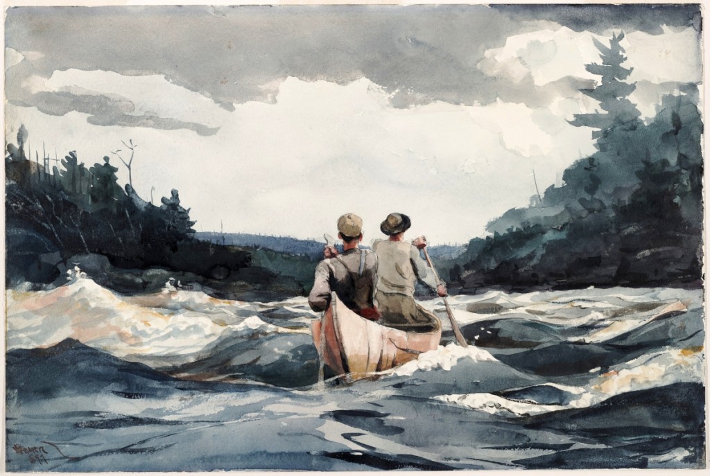 “Canoe in Rapids,” by Winslow Homer, 1897. Watercolor and graphite on off-white wove paper. Harvard Art Museums/Fogg Museum, Louise E. Bettens Fund. Photo Harvard Art Museums; ©President and Fellows of Harvard College. — On view at The Harvard Art Museums, “Winslow Homer: Eyewitness.”