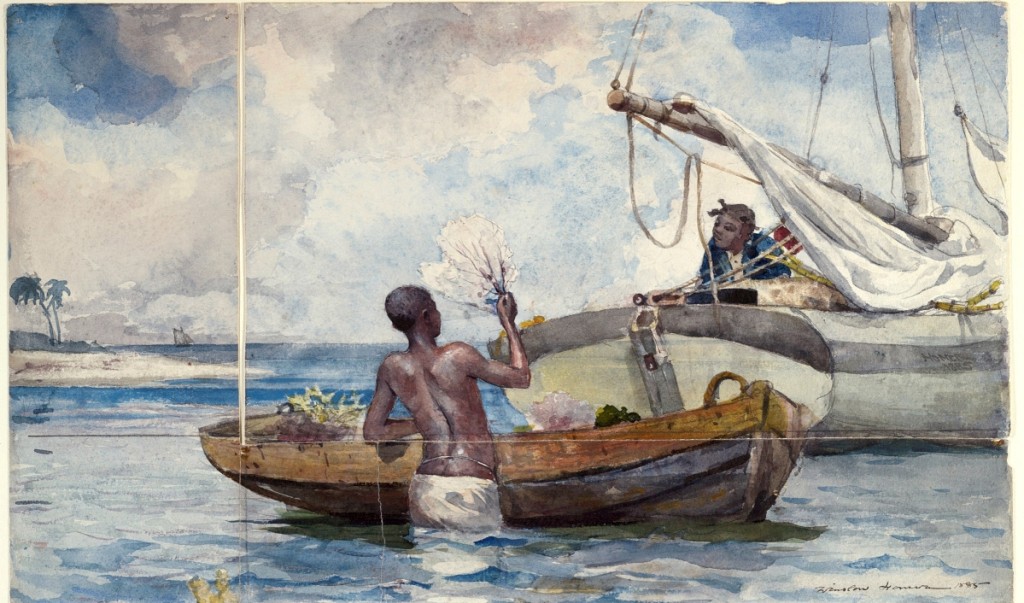 “Sea Garden, Bahamas,” by Winslow Homer, 1885, shown with two fragments originally part of the drawing, on loan from Yale University Art Gallery. Watercolor over graphite on heavy white wove paper. Harvard Art Museums/Fogg Museum, bequest of Grenville L. Winthrop, and Yale University Art Gallery, gift of Allen Evarts Foster, B.A. 1906. Photo Harvard Art Museums; ©President and Fellows of Harvard College. — On view at The Harvard Art Museums, “Winslow Homer: Eyewitness.”