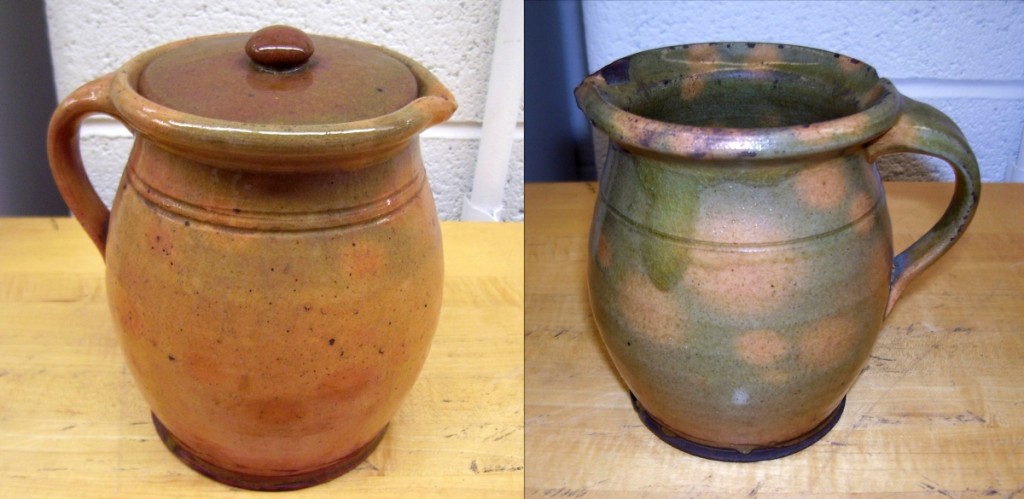 Pitchers, attributed to the James Chase Pottery, Merrimacport, Mass, circa 1820-49. These forms could be mistaken for production from the William Pecker Pottery today. Courtesy the National Museum of American History at the Smithsonian Institute.