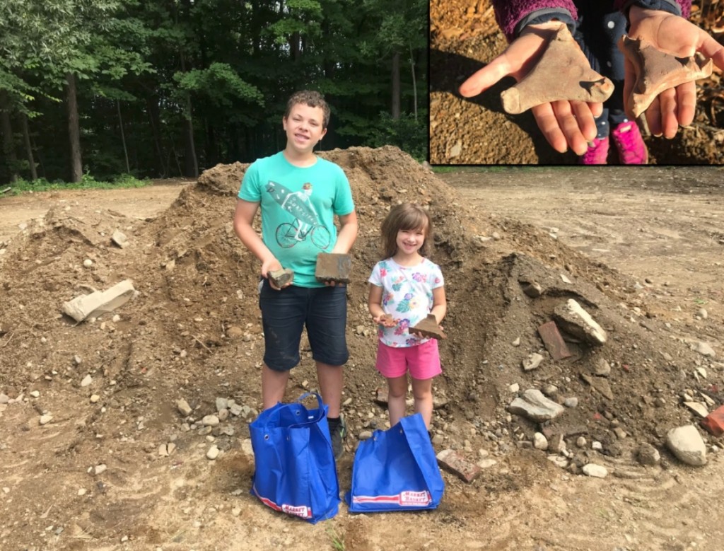 Justin Thomas’ niece, Alexis, and nephew, Jason, holding kiln furniture and kiln bricks recovered at the site of Phineas Chase’s circa 1863-90s business in Merrimacport, Mass. Inset Photo: More kiln furniture recovered at the site of the Phineas Chase Pottery.