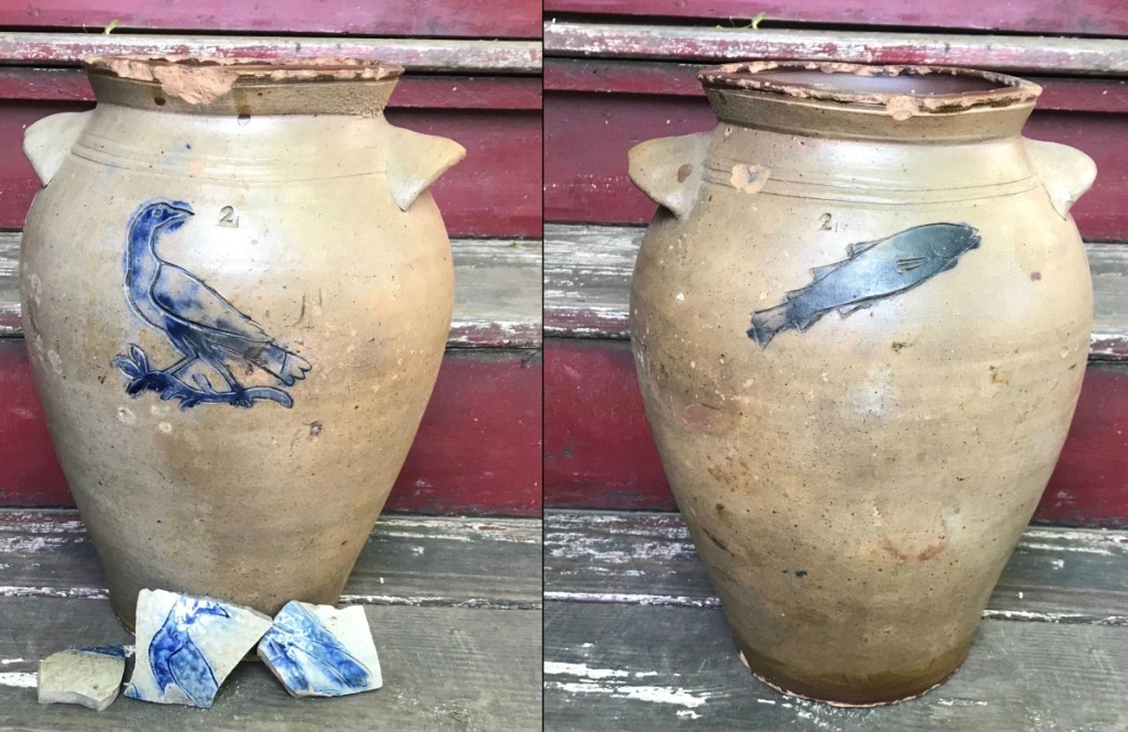 William Pecker attributed stoneware crock with impressed bird on one side and impressed fish on the reverse side, together with a sherd impressed with the same bird recovered at the site of the Pecker Pottery.