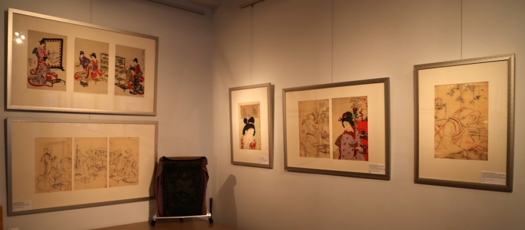 Hanging on the walls are preparatory drawings and their accompanying prints in “Brush – Block – Baren: Japanese Woodblock Printmaking.”