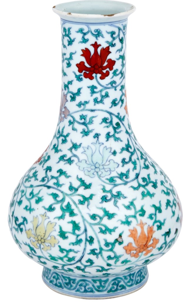 Measuring 9-1/8 inches high, this Ming-style doucai vase stunned the room when it sold for $387,000 above a $3,000 estimate, finishing as the top lot at Doyle. The vase featured the Yongzheng six-character mark within double circles, circa 1723-35.