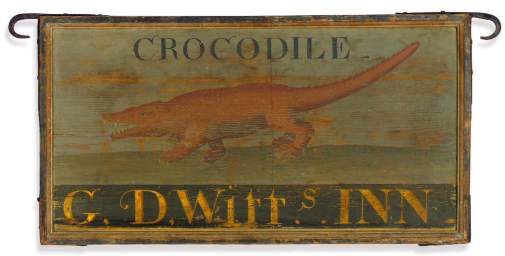 Bidders snapped at this crocodile-decorated tavern sign for G.D. Witts Inn. The sign, which had made headlines when it sold at auction in 2004 for $247,500, had been priced at $40/80,000. Several phone bidders competed for it, which ultimately sold for $106,250.