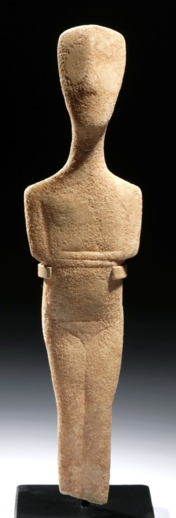 A Cycladic marble circa 2500 BCE finely carved reclining female figure, Spedos type, 9¾ inches high, sold for $301,250. Having crossed arms is typical of the sculpture of the Cyclades in the mid-2000s BCE, its name is derived from an early Cycladic cemetery on the island of Naxos.