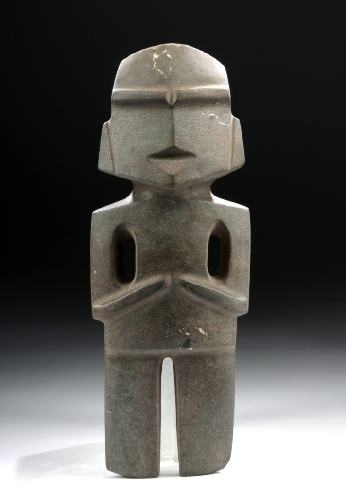 Topping day two was a large (16½-inch) Guerrero Mezcala greenstone type M-14 figure, which realized $31,125. The circa 300 to 100 BCE abstract standing anthropomorphic figure is hand carved from dark green stone with beige and grey inclusions.