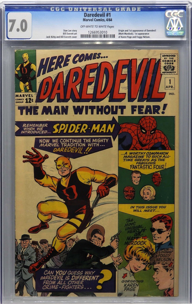 Graded 7.0, Marvel Comics’ Daredevil #1, April 1964, reached $3,894. The book featured the origin and first appearance of Daredevil and the first appearance of Karen Page and Foggy Nelson.