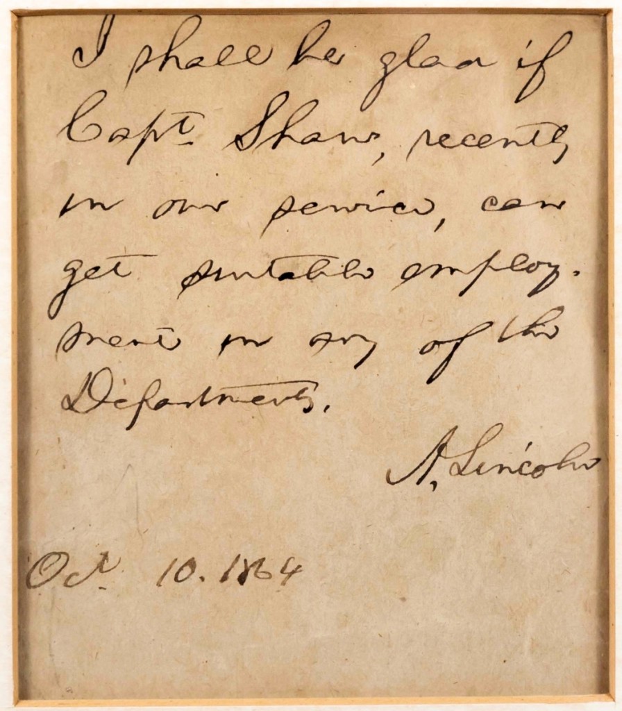 Signed by US President Abraham Lincoln and dated 1864, the note recommending Captain Shaw, along with Shaw’s discharge, sold for $6,900.