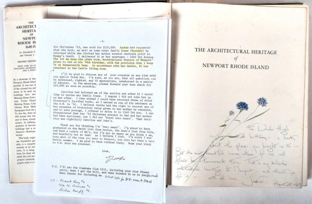 A copy of The Architectural Heritage of Newport Rhode Island with Jackie’s signature and embellished with a watercolor painting she did of flowers sold for $8,400. The lot included other personal papers.
