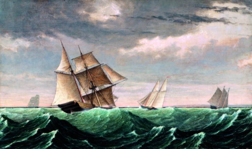 Fitz Henry Lane’s “Vessel Returning from Surinam,” oil on canvas, 18 by 30 inches, depicting sailing vessels tossed on ocean waves under cloud-filled skies with a view to a distant coast and lighthouse, sold for $92,250.