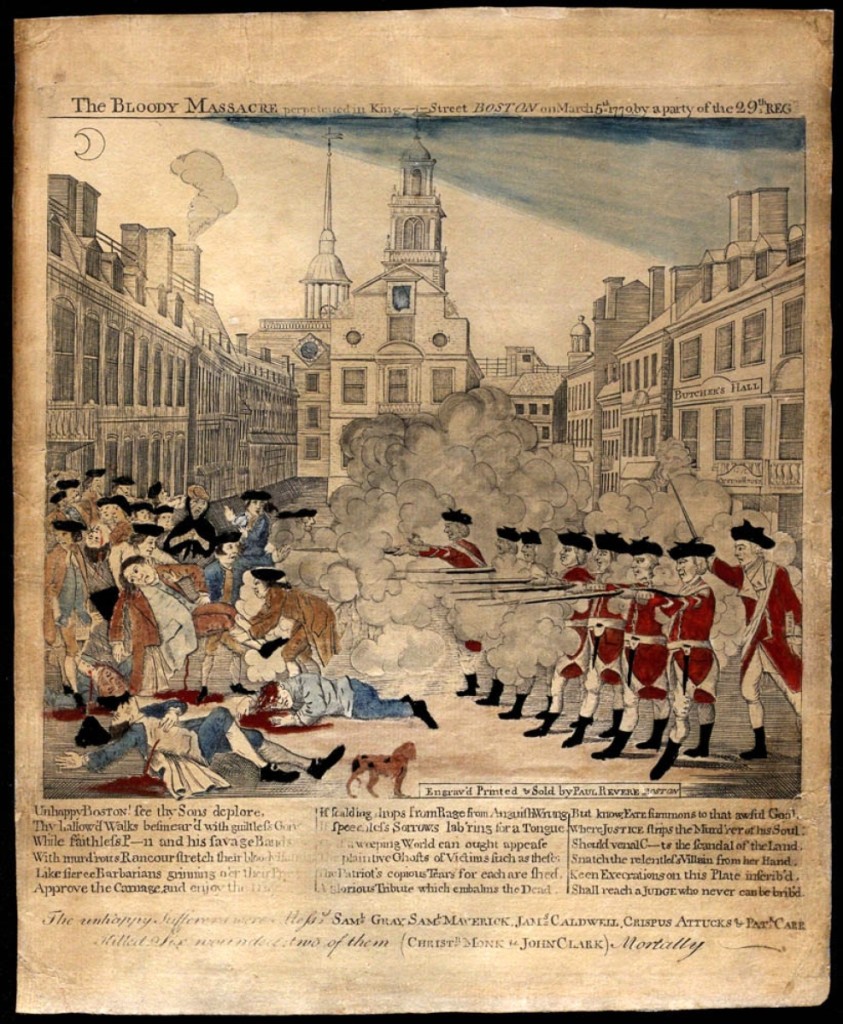 While Revere’s engraving was the first to be published, the propagandistic image circulated widely soon after the event, according to Hewes. Three versions by Revere and three versions by other printers are on display. “The Bloody Massacre Perpetrated on King-Street, Boston on March 5th 1770 by a Party of ye 29thReg[imen]t” by Paul Revere Jr (1735-1818), engraver; attributed to Christian Remick (1726-73), circa 1770-74. Hand colored engraving. Gilder-Lehrman Institute of American History.