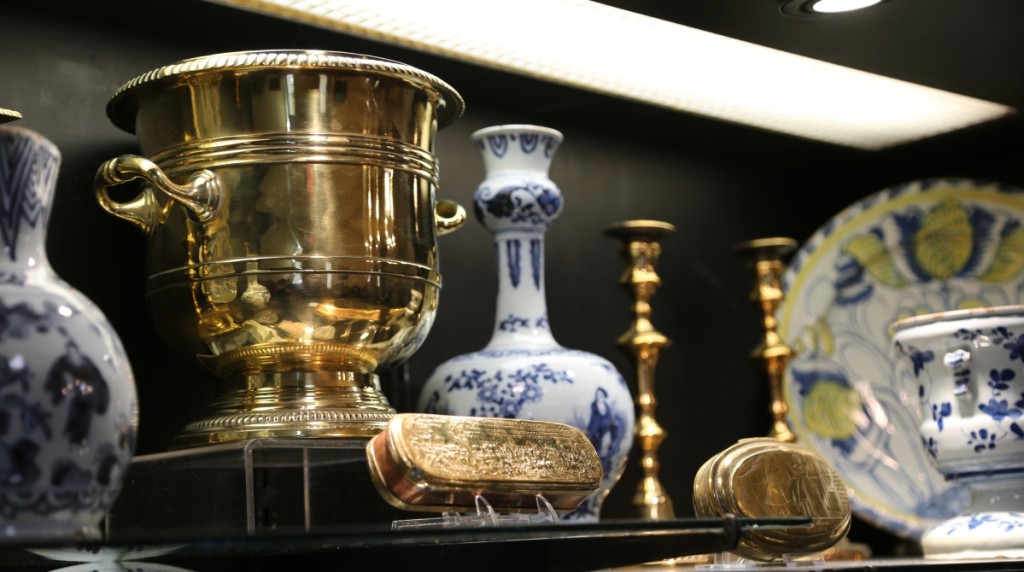 Antique brass was found with Marc and Marjorie Allen, Laconia, N.H. Here pictured is a circa 1725 Eighteenth Century Huguenot brass wine cooler and a mid-Eighteenth Century Iserlohner tobacco box.