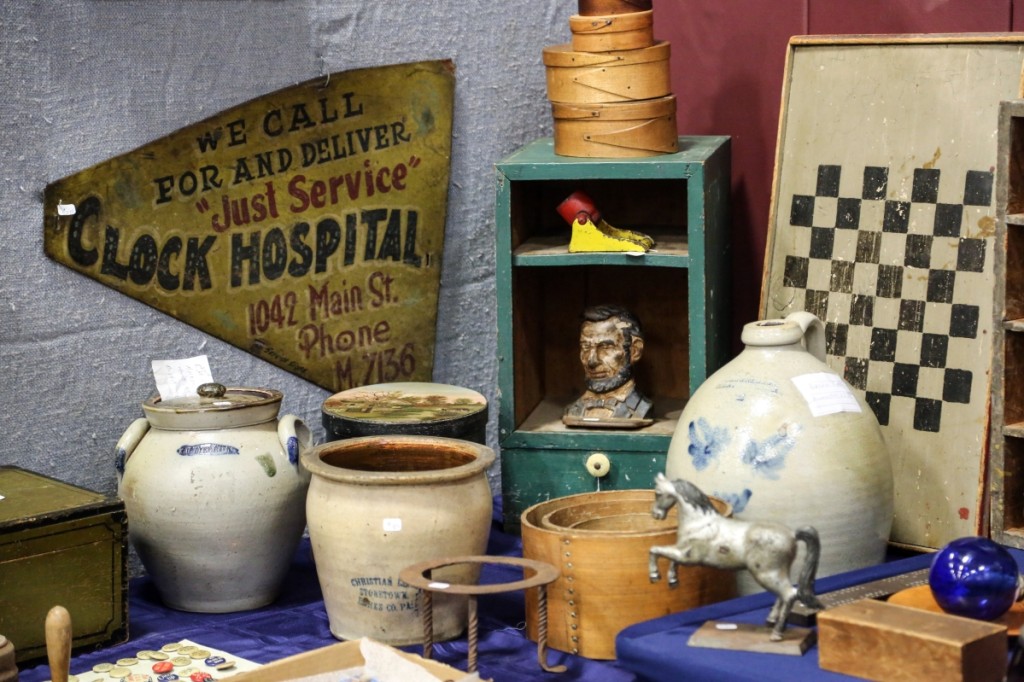 Stoneware, advertising and pantry boxes were on hand with George B. Johnson Antiques, Montpelier, Vt.