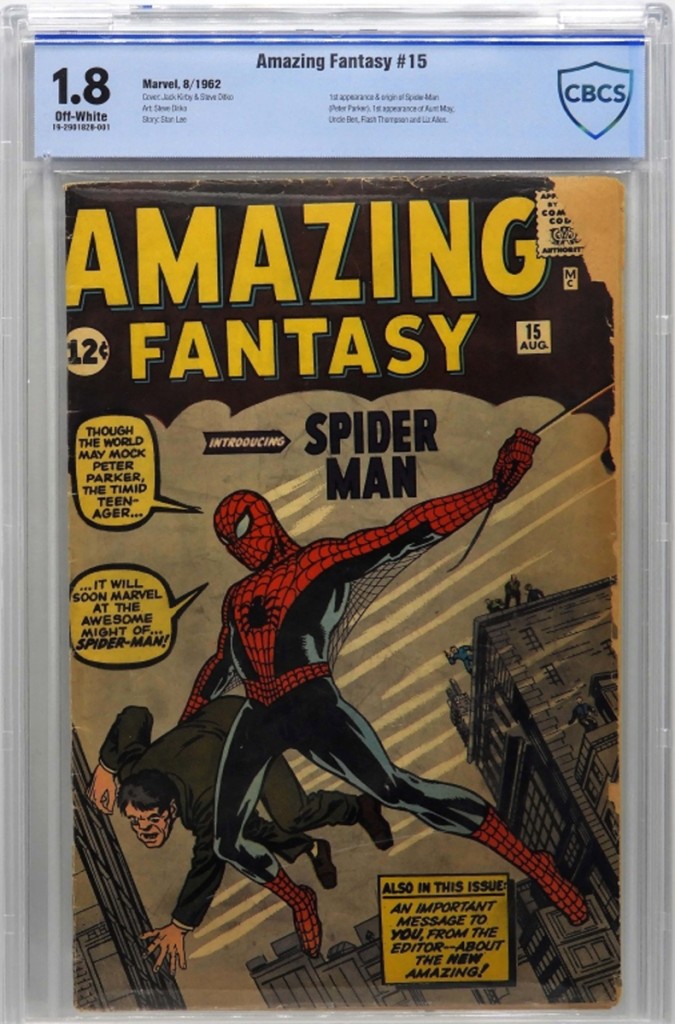 The highest priced lot in the sale, finishing at $10,950, was a copy of Marvel Comics’ Amazing Fantasy #15 from August 1962. The book featured the first appearance and origin story of Spider-Man and the first appearance of Aunt May, Uncle Ben, Flash Thompson and Liz Allen. It was graded 1.8 and went to a collector in the room who had come from Albany, N.Y., hoping to purchase it.