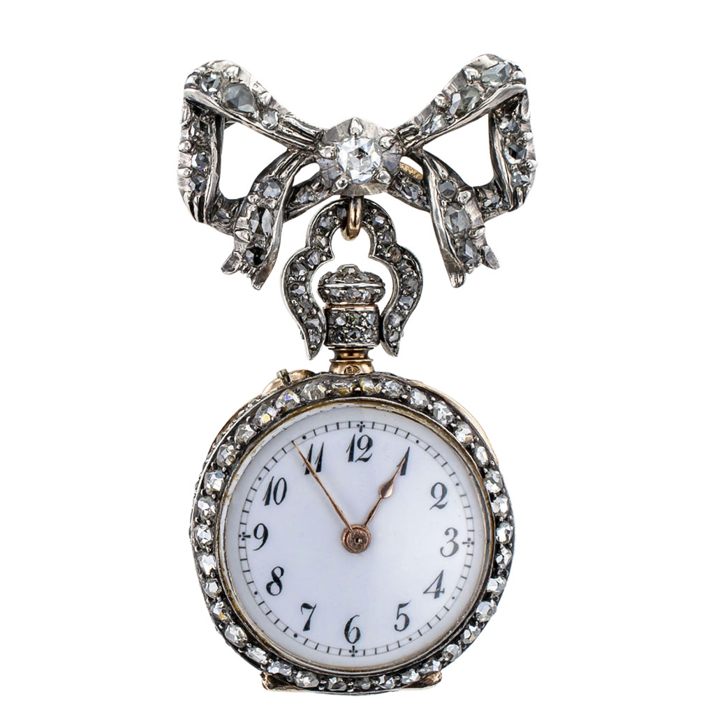 French Victorian brooch watch set with rose-cut diamonds and mounted in silver and 18K gold, circa 1860. Jacob’s Diamond & Estate Jewelry, Los Angeles.