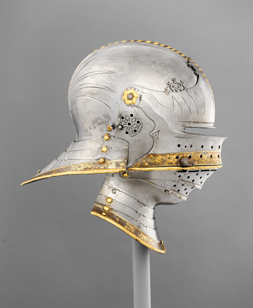 Combination Sallet and Bevor of Maximilian I by Lorenz Helmschmid (first recorded 1467, died 1516), German (Augsburg), circa 1495. Steel, leather, copper alloy, and gold; 15 by 13-5/8 by 8-15/16 inches. Kunsthistorisches Museum, Vienna, Imperial Armoury (A 110 1). Photo credit: Bruce M. White, 2019.