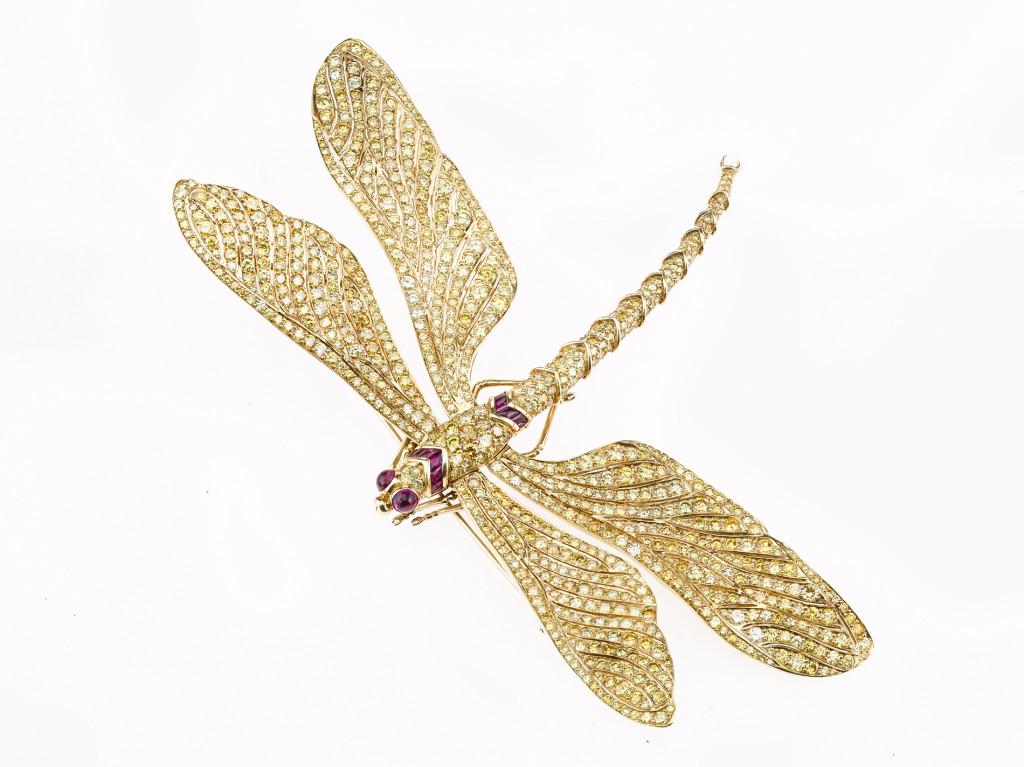 Fancy vivid yellow diamond dragonfly brooch, commissioned by Fred Leighton and made by Carving French for Patricia Kluge, featuring 60.26 carats of diamonds, setting made en tremblant. MS. Rau Antiques, New Orleans, La.