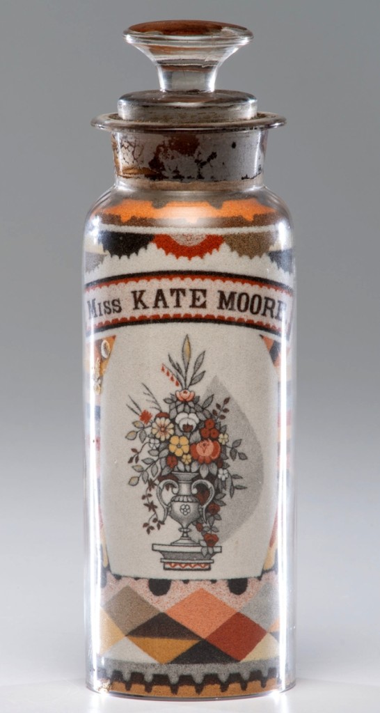 Andrew Clemens (1857-1894), large sand bottle decorated on one side with a spreadwing eagle beneath a 36-star flag and an urn of flowers on the other, realized $100,000, the fourth such bottle to bring $100,000 or more at Cowan’s.