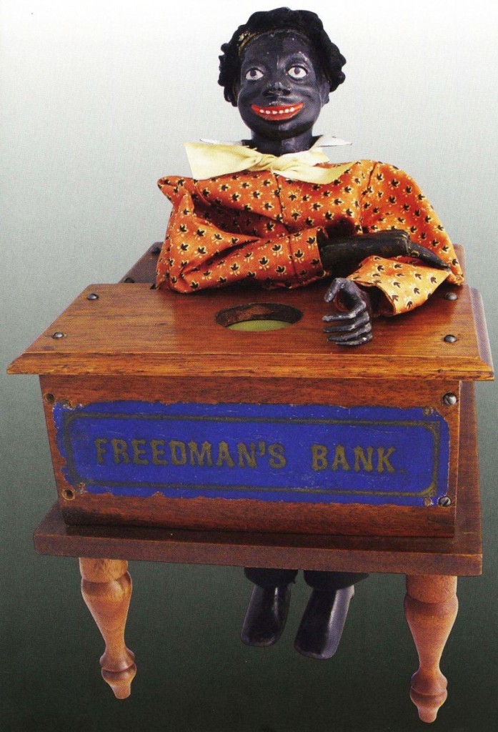 The top lot in the sale was this Freedman’s Bank, circa 1880, in wood, metal and cloth. It brought $98,400.