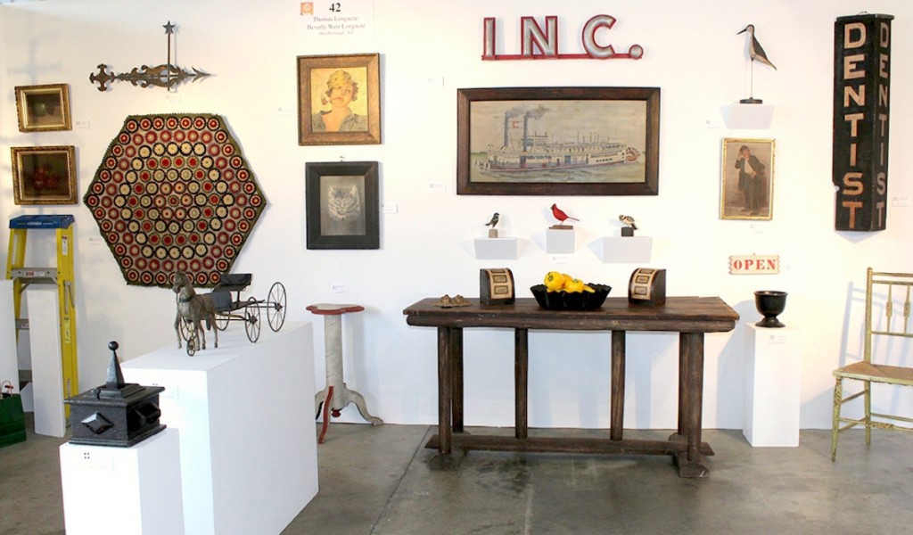A colorful, graphic I.N.C. trade sign reigned over the choice selection of objects shown by Thomas Longacre and Beverly-Weir Longacre, Marlborough, N.H. The early Twentieth Century sign was found in New Hampshire.