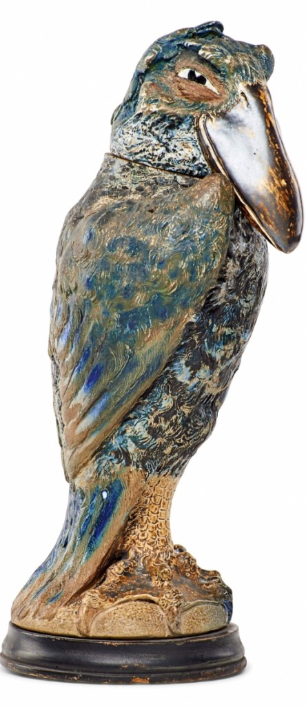 Standing head and shoulders above the rest, this tall bird tobacco jar, 1899, was the top lot of the Martin Brothers session, bringing $62,500 from an online bidder.