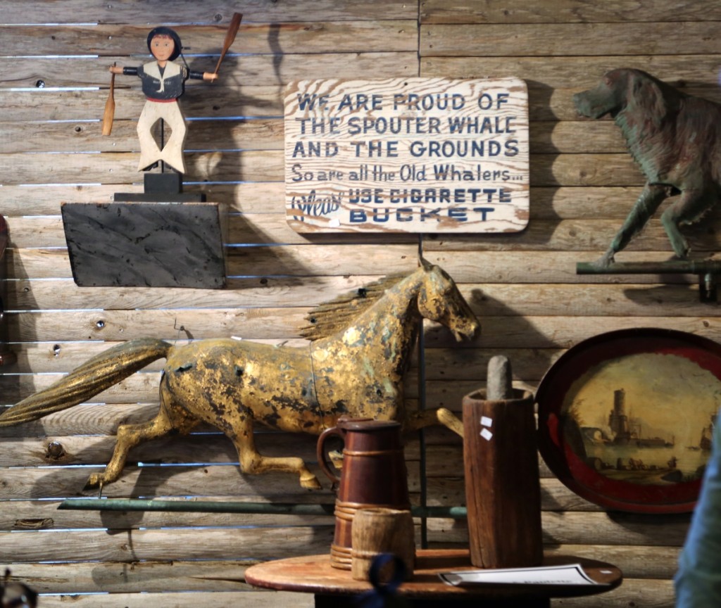Hilary and Paulette Nolan, Falmouth, Mass., featured a nice gilt-zinc, copper and iron running horse weathervane from Sandwich, Mass., in an old untouched surface.