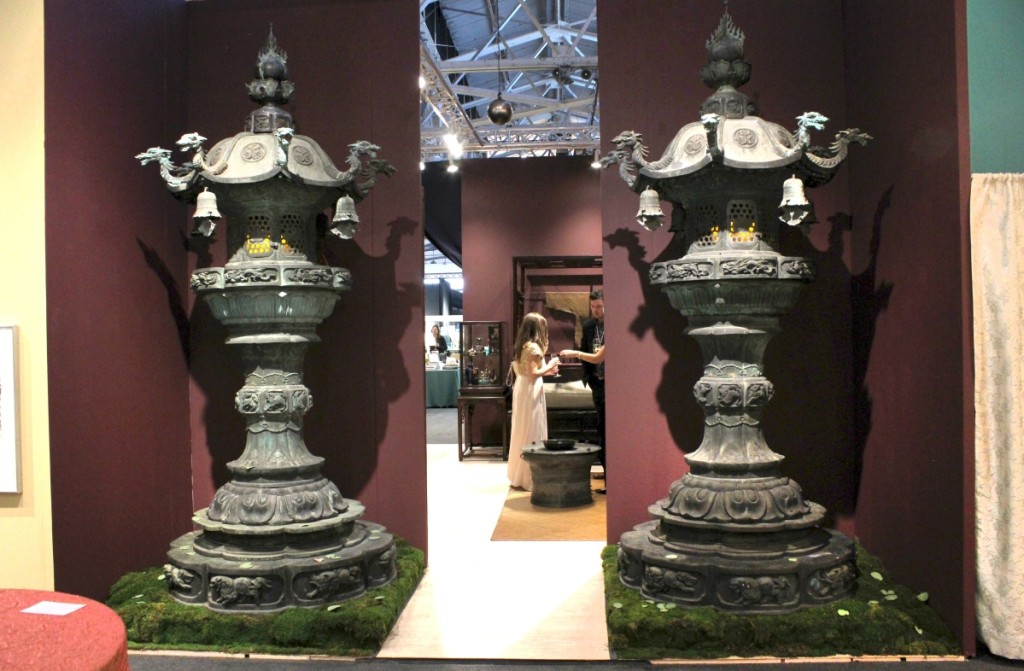 This stunning pair of monumental Seventeenth or Eighteenth Century Japanese bronze temple lanterns created just the right entrance to the jewel-like booth of the Zentner Collection, Inc, Emeryville, Calif.