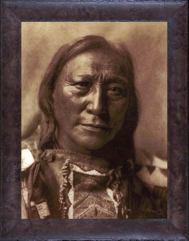 “Hollow Horn Bear,” Edward Curtis. A Brulé Lakota leader and revered Holy Man, Hollow Horn Bear fought at the Battle of the Little Big Horn. Paul Unks gave this photogravure, framed, to Selo Black Crow, Hollow Horn Bear’s great nephew. Gold Tone by Mountain Hawk.