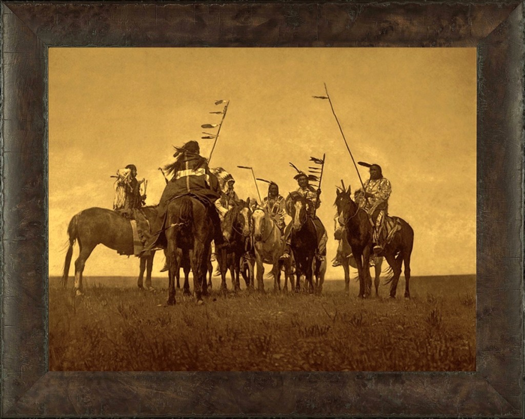 “Atsina Warriors,” Edward Curtis. A formidable group of Atsina warriors gathered on the prairie near what is now known as Fort Belknap, Mont. Gold Tone by Mountain Hawk.