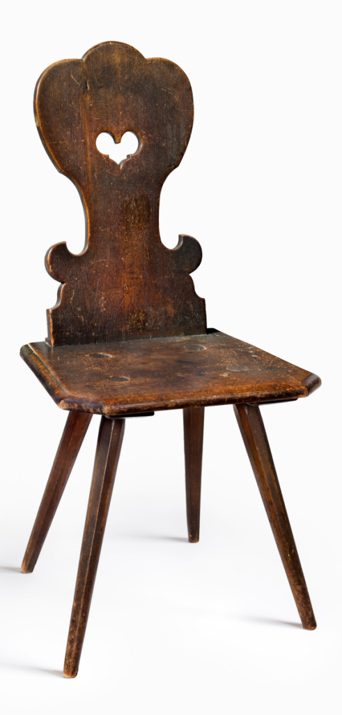 Board chair, probably Nazareth, Northampton County, Penn., 1750-85. Walnut, red oak. Rocky Hill Collection. This chair is from the Moravian Sisters’ House in Nazareth. Known as a Brettstuhl, the chair’s seat and back is made of sawn boards while the legs were shaped by a plane or knife. Gallery Two.