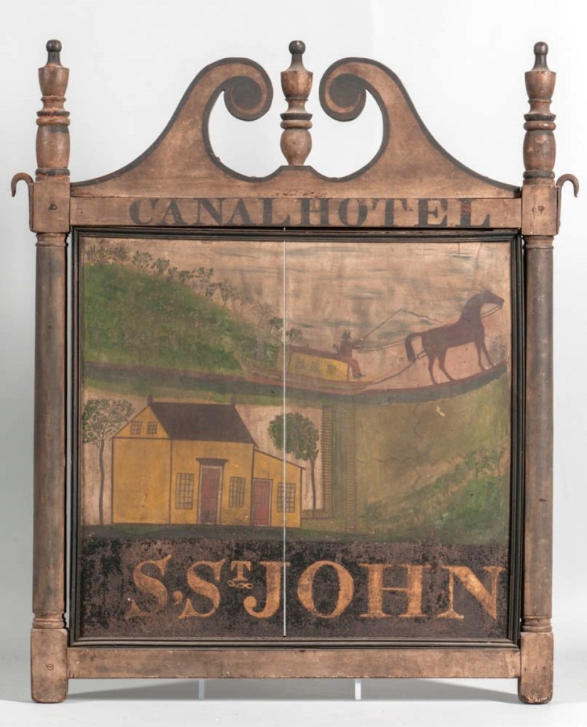Topping the Ehrlich collection was this two-sided painted “Canal Hotel” tavern sign, which folk art dealer David Schorsch bought for a client, for $171,000 (40/60,000).