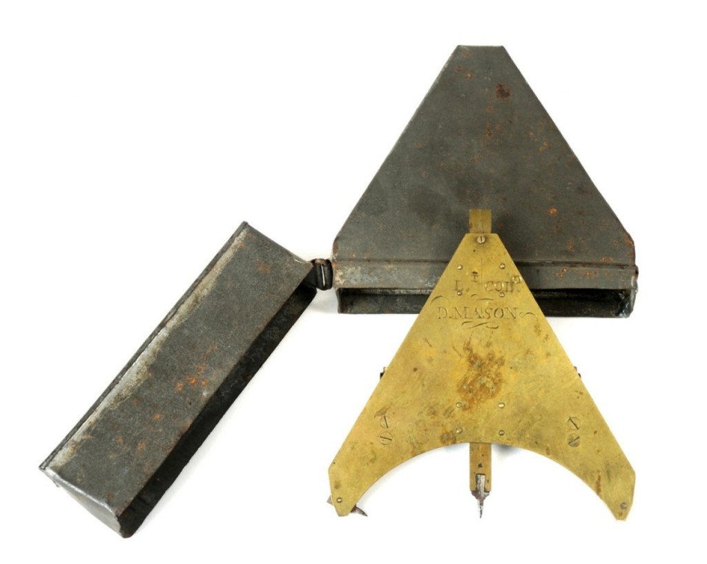 A final price of $18,000 was posted for this unusual piece of militaria. Not unlike a surveyor’s tool, the gunner’s perpendicular — this particular one traced to Lieutenant Colonel David Mason, circa 1776 — enabled a gunner to establish the center line of an artillery piece and thus its direction of fire.