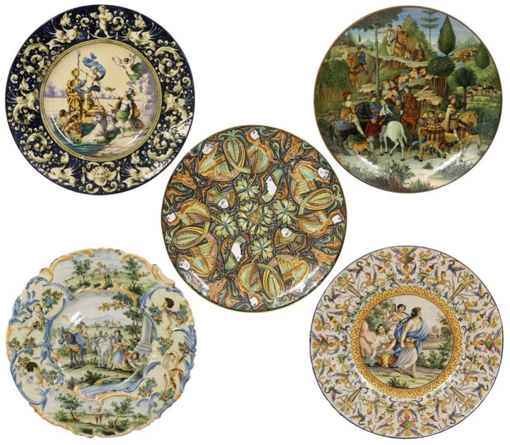 The highest priced lot of the day included these five Nineteenth and early Twentieth Century ceramic and earthenware chargers decorated with Renaissance scenes. A phone bidder paid $6,655