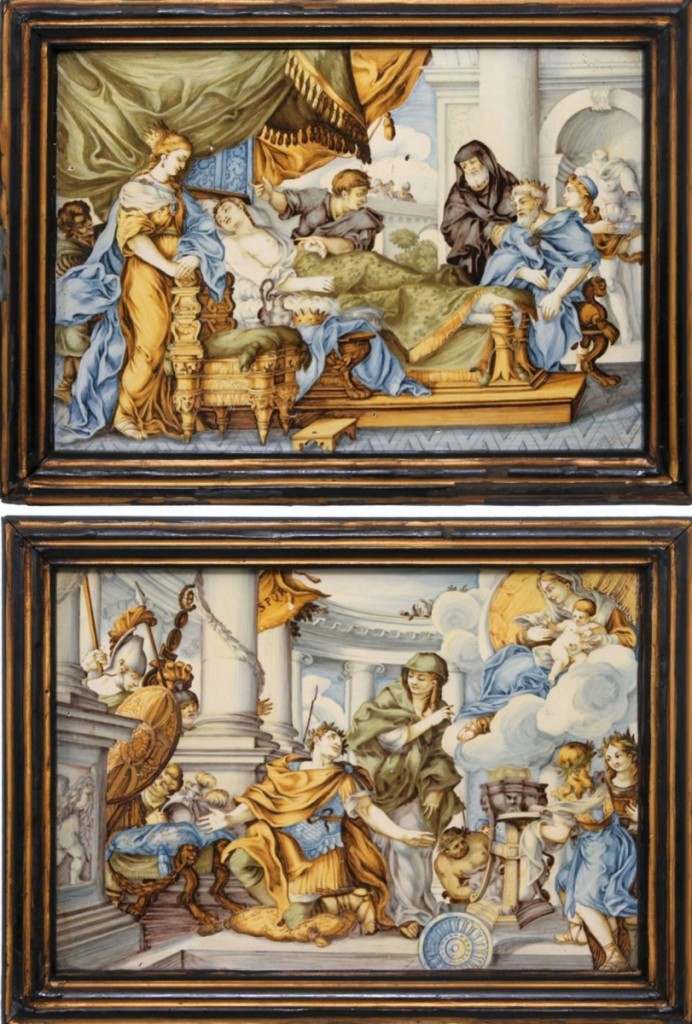 The second highest price of the day, $6,050, was for a pair of circa 1800 majolica plaques with Roman scenes, which also went to a phone bidder.