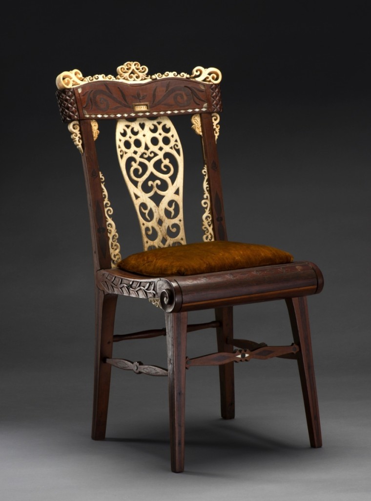 Artist in New Bedford, Mass., Child’s chair, 1815–20. Various woods, whalebone, walrus tusk, baleen, mother-of-pearl, and wool, 29 by 14 by 17 inches. Museum purchase, made possible by the John Robinson Endowment Fund, 2015.53.1.