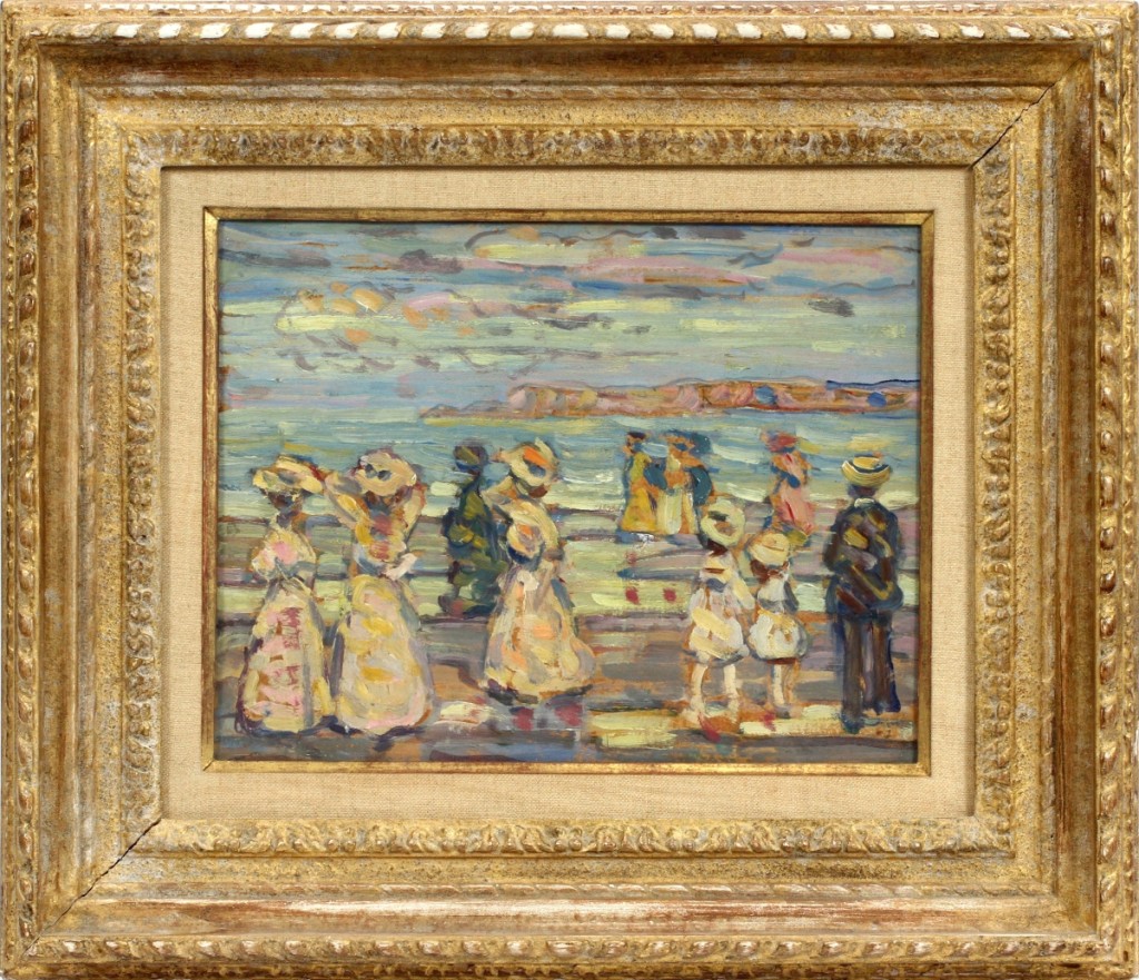 Maurice Prendergast (Canadian American, 1858-1924) “Beach at Cape Ann,” an oil and pencil on paper, 10-  by 13½ inches, realized $179,800.