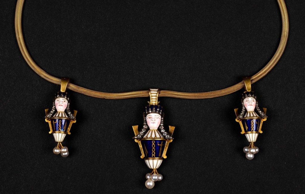 There were several nice pieces of jewelry in the sale. This Egyptian Revival necklace was one of the two items that each sold for $24,000. It had been made and signed by Carlo Giuliano while he worked in London. It was meant to appeal to wealthy clients who had taken “The Grand Tour.”