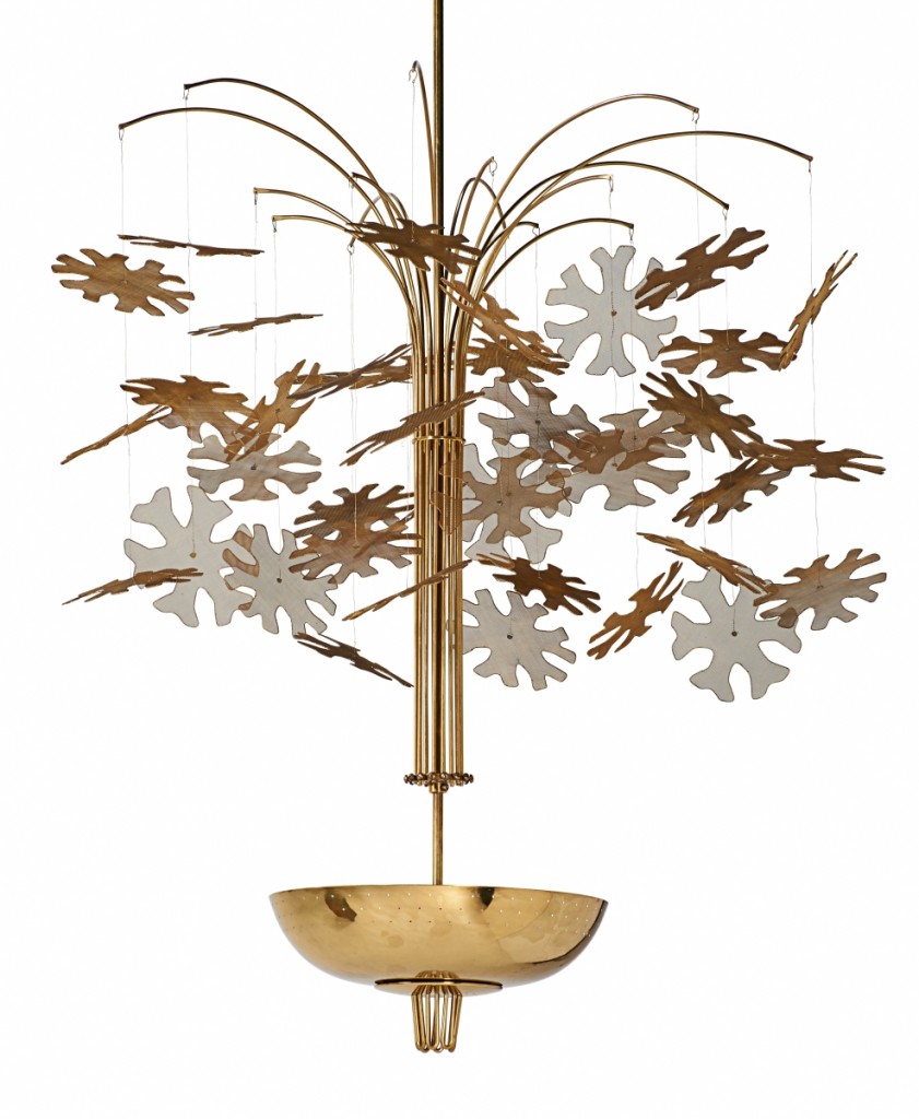 This Paavo Tynell-style, unmarked, four-light chandelier, Finland, 1950s, 41-by-32-inch brass, enameled brass, was thought by bidders to be by Paavo Tynell (1890-1973) selling at $32,500.