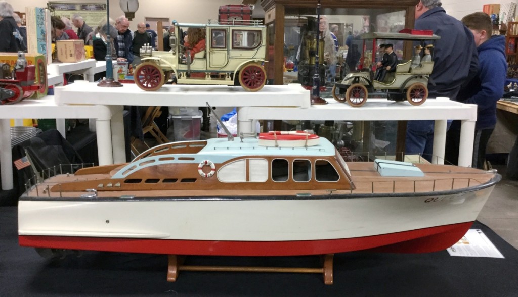 This 4-foot-long boat, Queen, belonging to Dave Hudson, Westland, Mich., was manufactured by ITO in 1950, four screw and in original mint condition. She takes 24 D-size batteries to motor upon a pond.