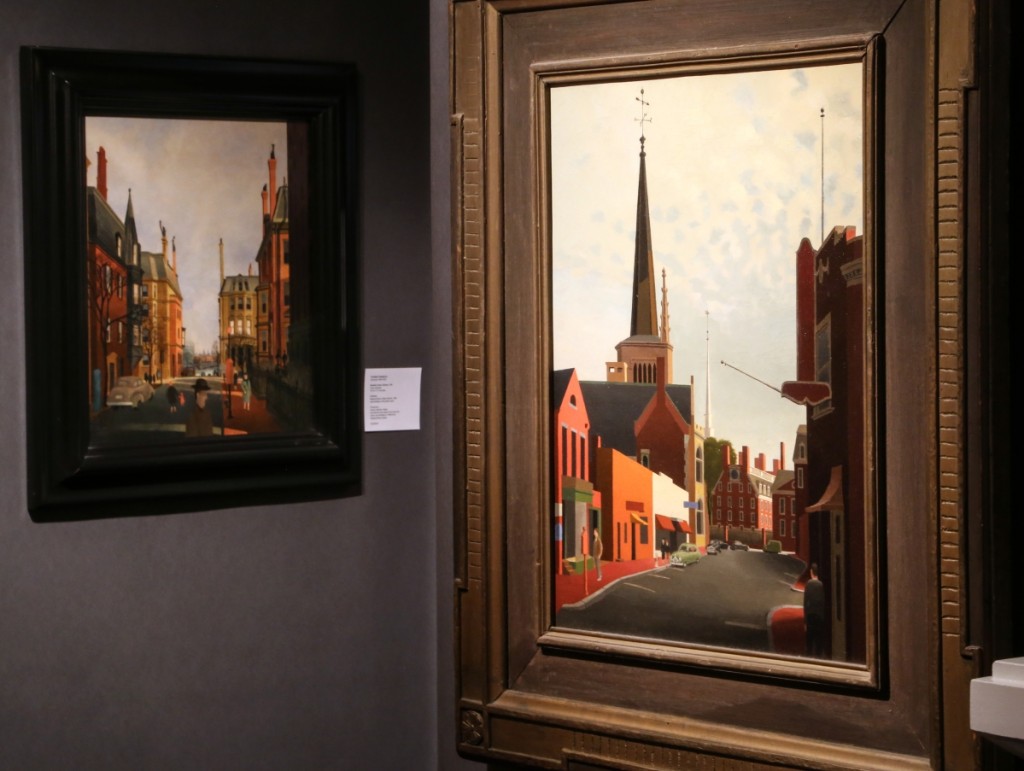 Two Boston scenes from Massachusetts artist and architect Thomas Fransioli (1906-1997) can be seen here on exhibit with Susanna J. Fichera Fine Art, Brunswick, Maine. At right is “Church Street, Cambridge,” a 1954 oil on canvas, and behind left is “Berkeley Street, Boston,” a 1946 oil on Masonite.